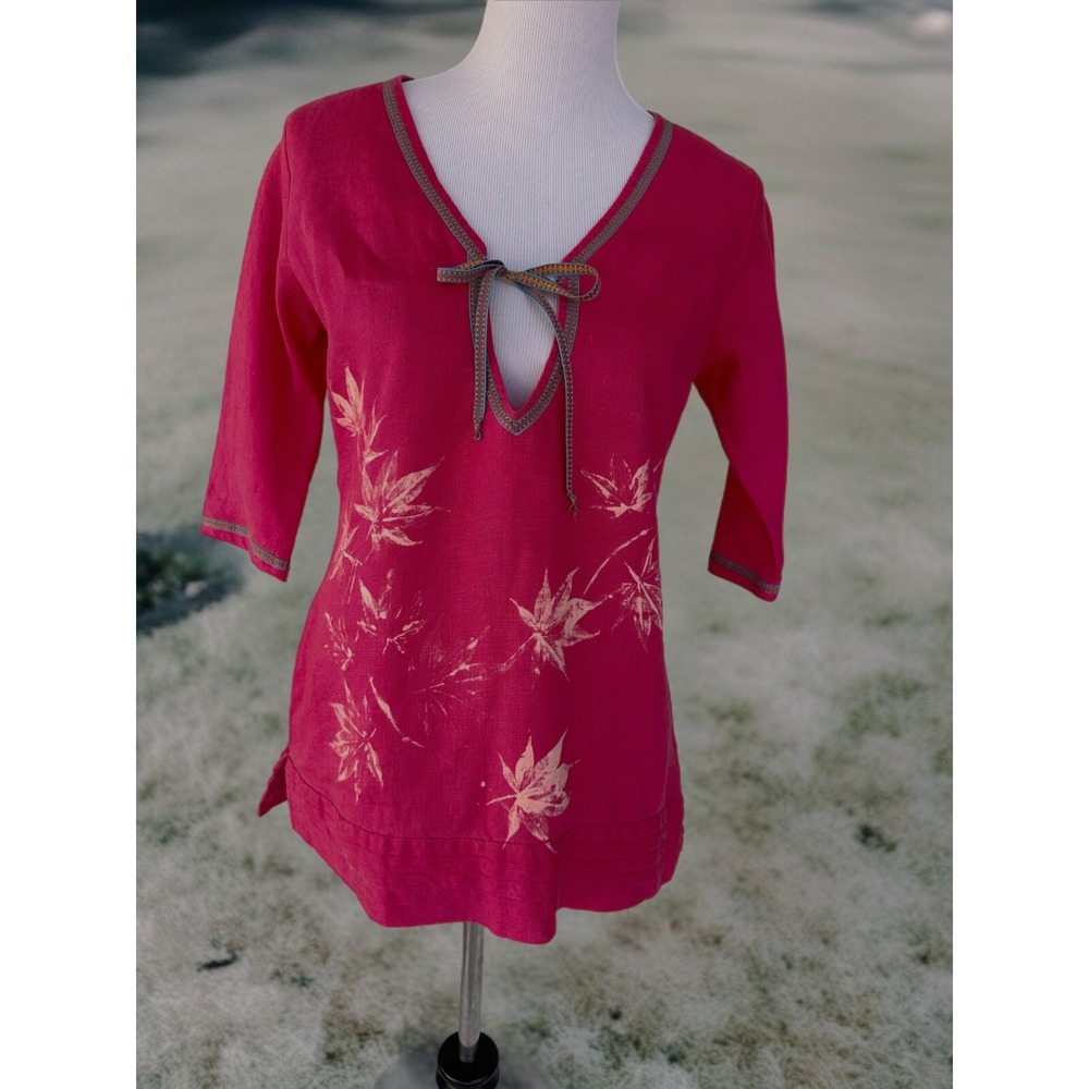 Abito Woman Top Size ( S) 100% Linen/Lino 3/4 Sleeve V-Neck Coral Pink